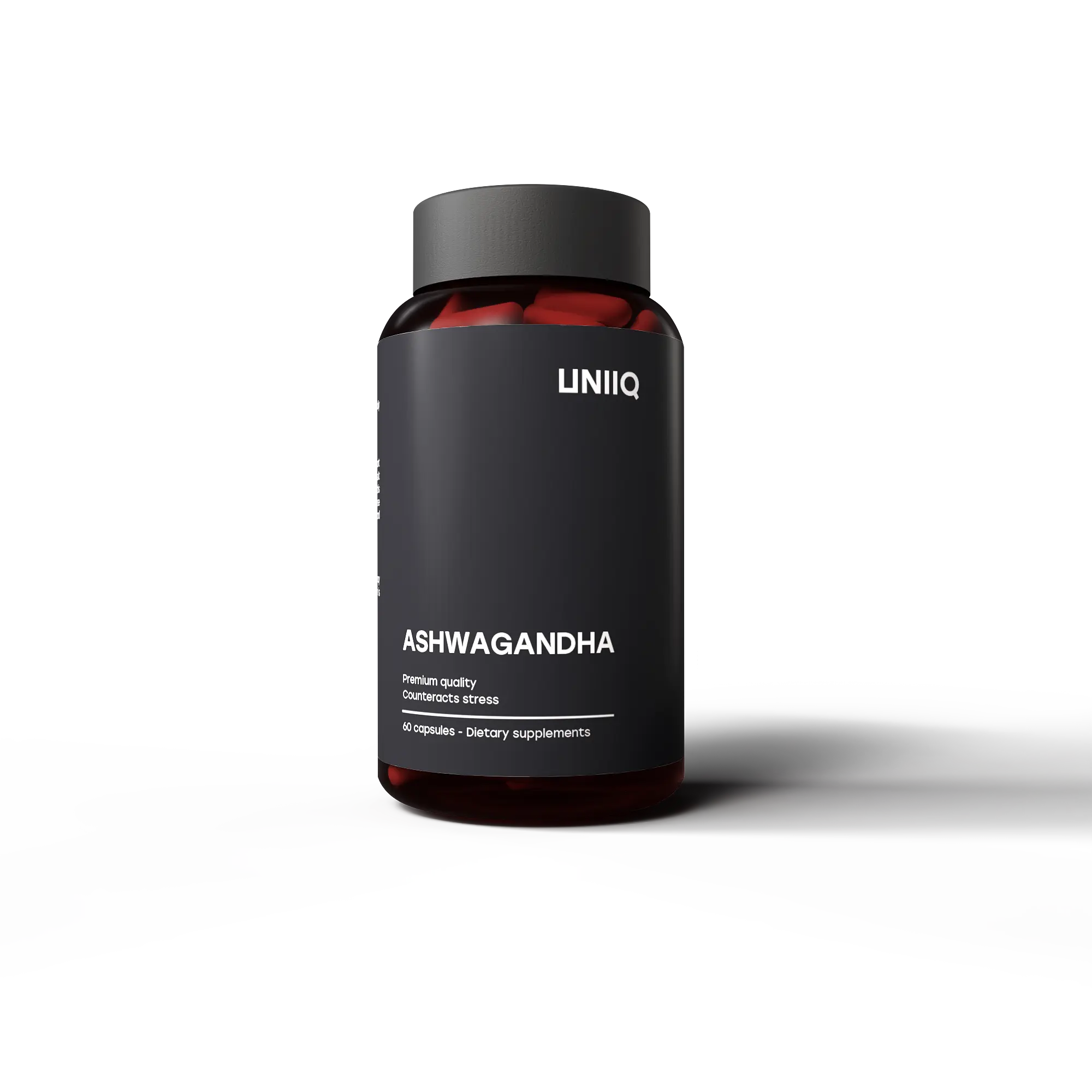 Black supplement bottle labeled 'ASHWAGANDHA' by 'UNIIQ' on transparent background