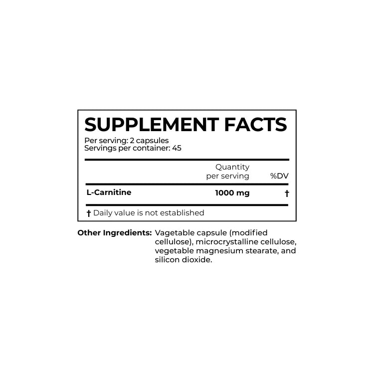 Supplement facts label for a product containing L-Carnitine on a white background